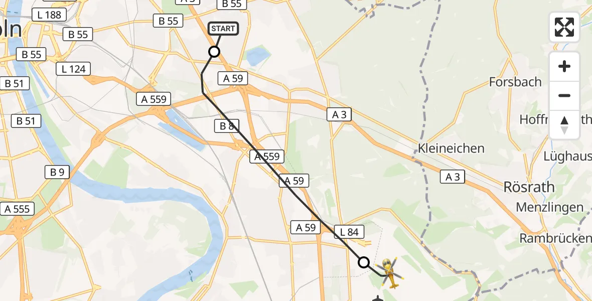 Flugroute Rettungshubschrauber Merheim Hospital - Köln Bonn Flughafen, 15 Oktober 2026, 11:36