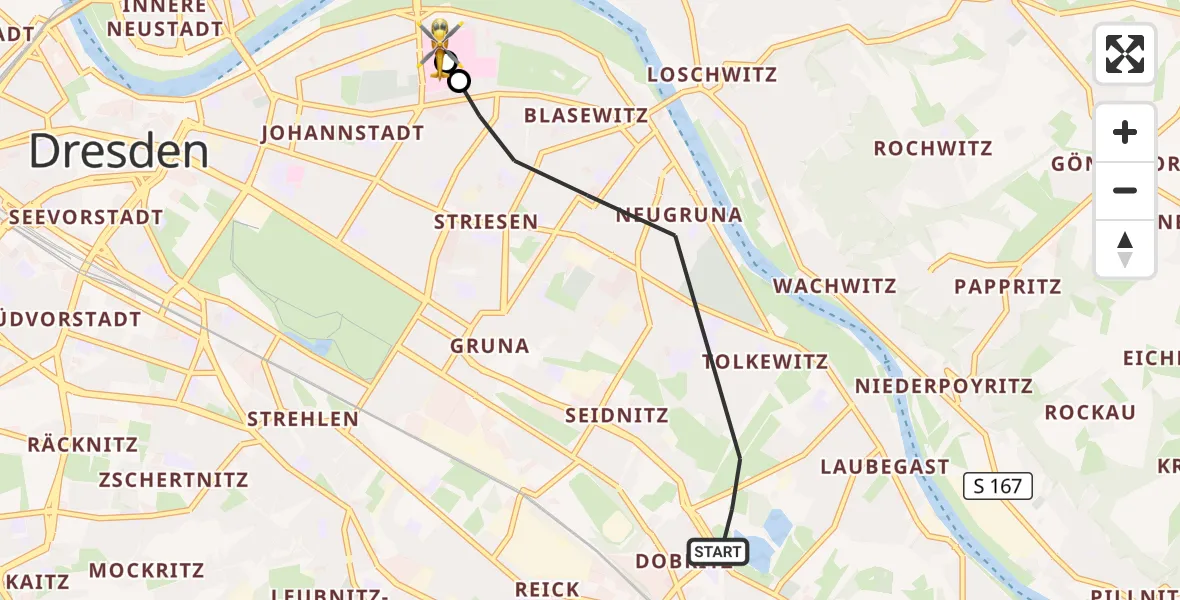 Flugroute Rettungshubschrauber Dresden - Dresden University Hospital, 15 Oktober 2026, 11:52