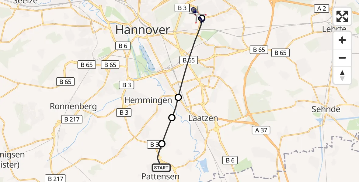 Flugroute Polizeihubschrauber Pattensen - Hannover Luftrettung Hubschrauberlandeplatz (Christoph 4), 15 Oktober 2026, 11:55