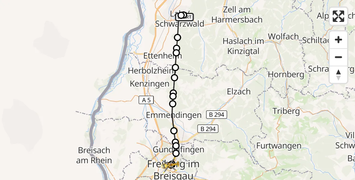 Flugroute Rettungshubschrauber Ortenau Hospital Lahr-Ettenheim - Freiburg University Hospital Heliport 2, 15 Oktober 2026, 11:58