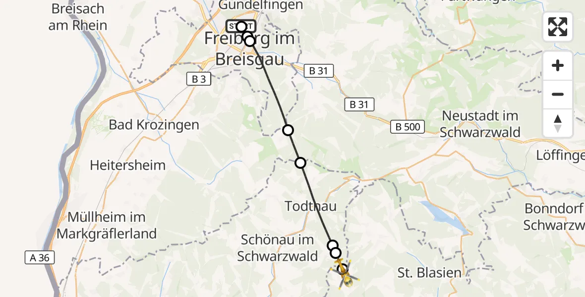 Flugroute Ambulanzhubschrauber Freiburg im Breisgau Flugplatz - Todtmoos, 15 Oktober 2026, 12:02