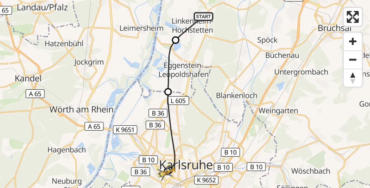 Flugroute Ambulanzhubschrauber Linkenheim-Hochstetten - Sankt Vincentius Hospital, 15 Oktober 2026, 12:06