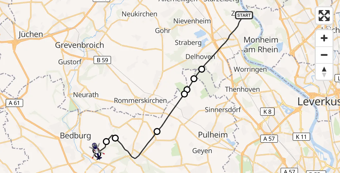 Flugroute Polizeihubschrauber Dormagen - Bergheim Flugplatz, 15 Oktober 2026, 12:06
