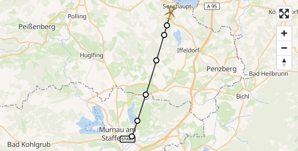 Flugroute Rettungshubschrauber Murnau Accident Hospital - Seeshaupt, 15 Oktober 2026, 12:11