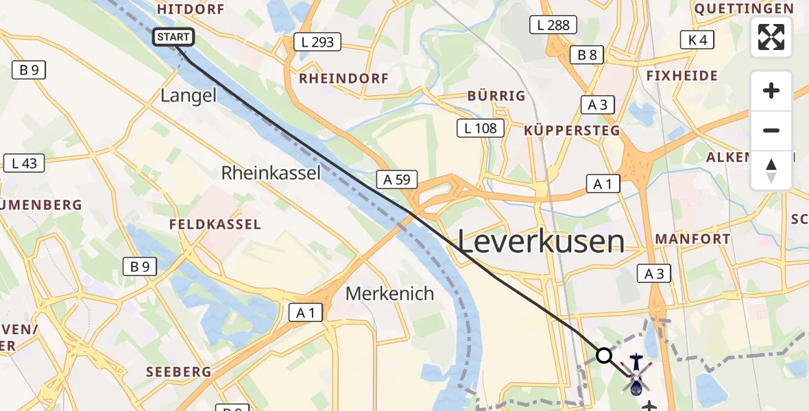 Flugroute Polizeihubschrauber Leverkusen - Leverkusen Flugplatz, 15 Oktober 2026, 12:17