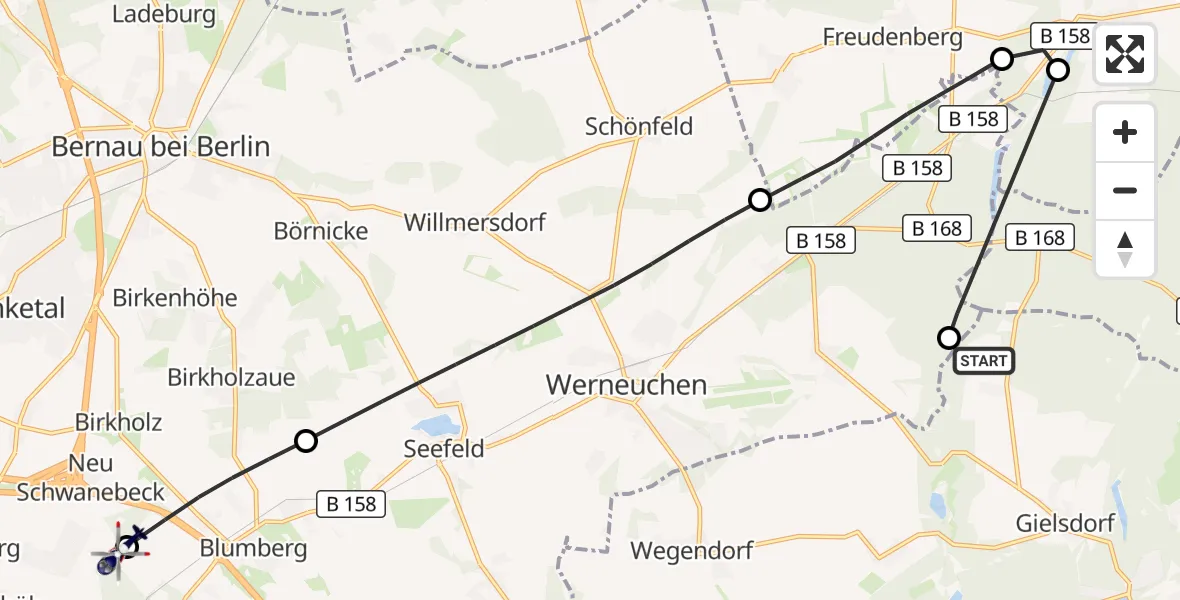 Flugroute Polizeihubschrauber Altlandsberg - Ahrensfelde Hubschrauberlandeplatz, 15 Oktober 2026, 12:18