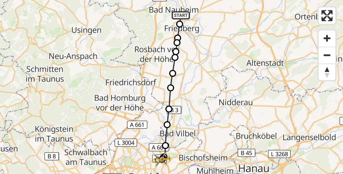 Flugroute Rettungshubschrauber Bad Nauheim - Frankfurt am Main Accident Hospital Roof, 15 Oktober 2026, 12:18
