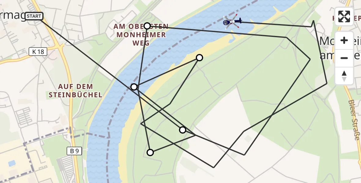Flugroute Polizeihubschrauber Dormagen - Monheim am Rhein, 15 Oktober 2026, 12:18