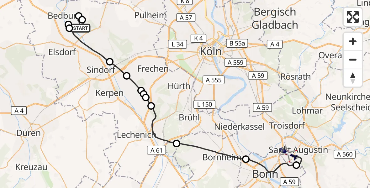 Flugroute Polizeihubschrauber Bergheim - Bonn-Hangelar Flugplatz, 15 Oktober 2026, 12:22