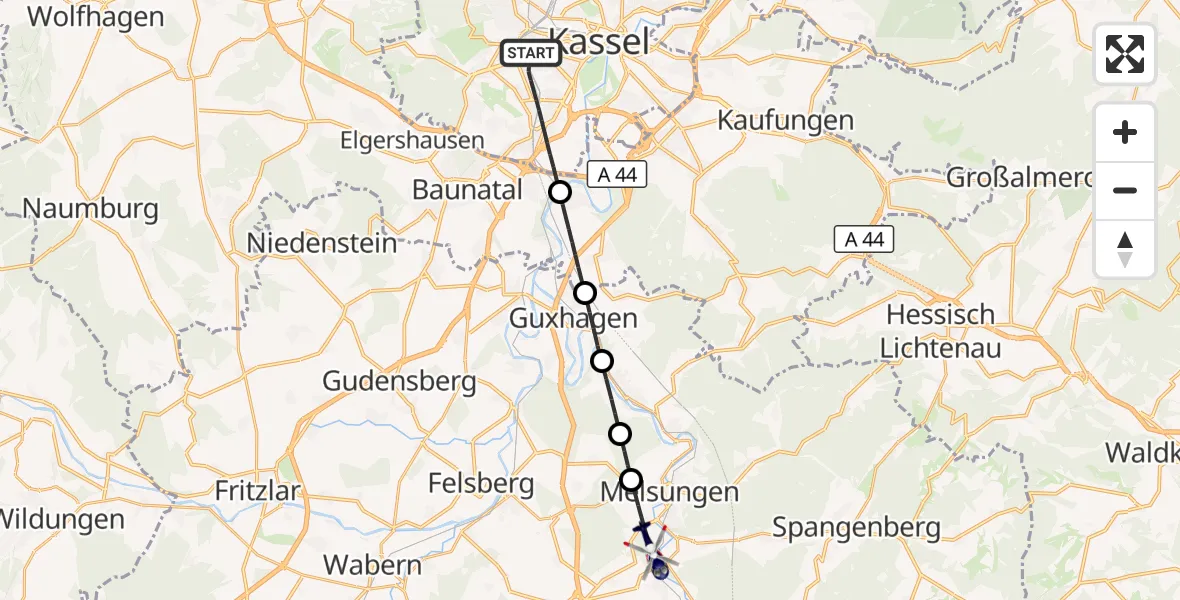 Flugroute Polizeihubschrauber Kassel - Melsungen, 15 Oktober 2026, 12:29