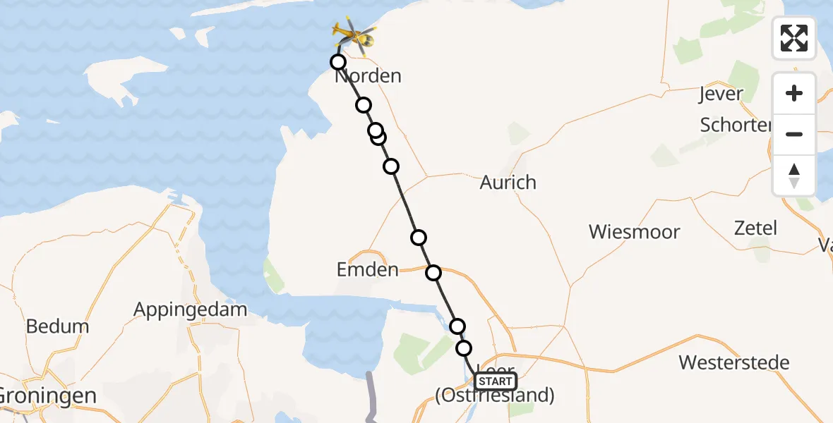 Flugroute Ambulanzhubschrauber Leer (Ostfriesland) - Noordzee, 15 Oktober 2026, 12:29