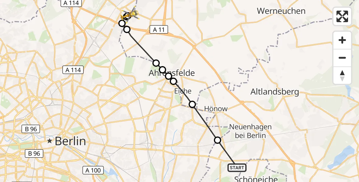 Flugroute Rettungshubschrauber Hoppegarten - Helios Clinic Berlin-Buch, 15 Oktober 2026, 12:29