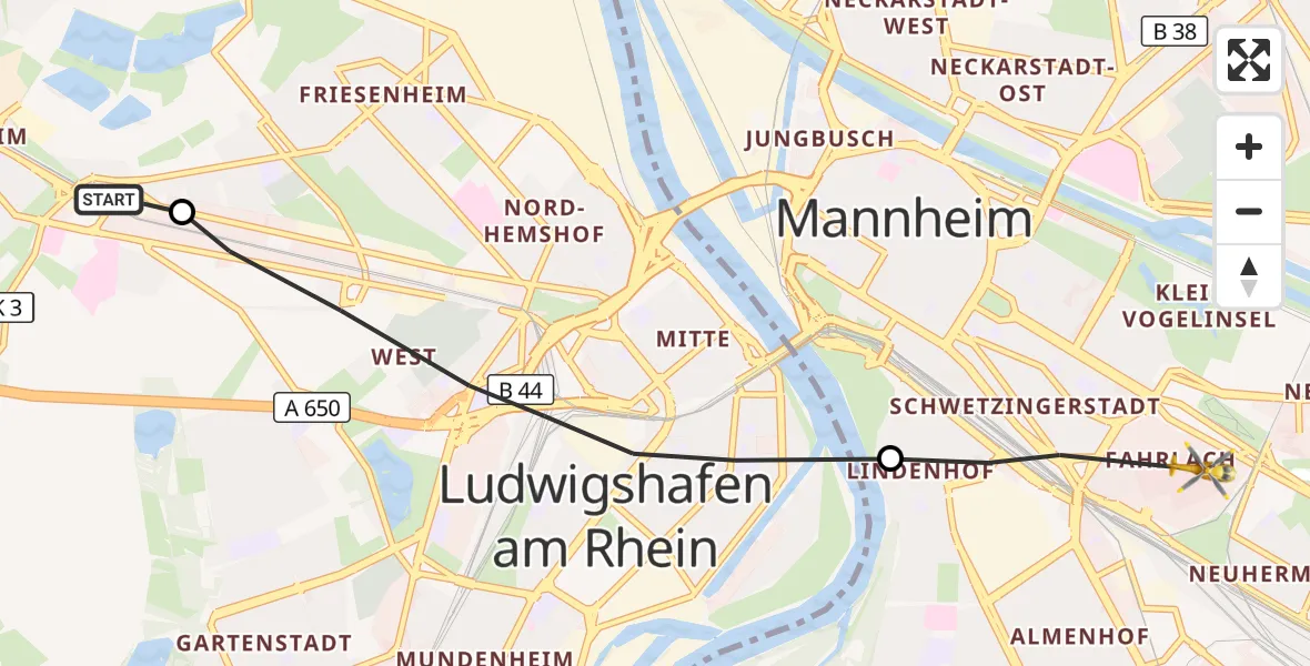 Flugroute Ambulanzhubschrauber Ludwigshafen Accident Hospital - Mannheim-City Flughafen, 15 Oktober 2026, 12:32