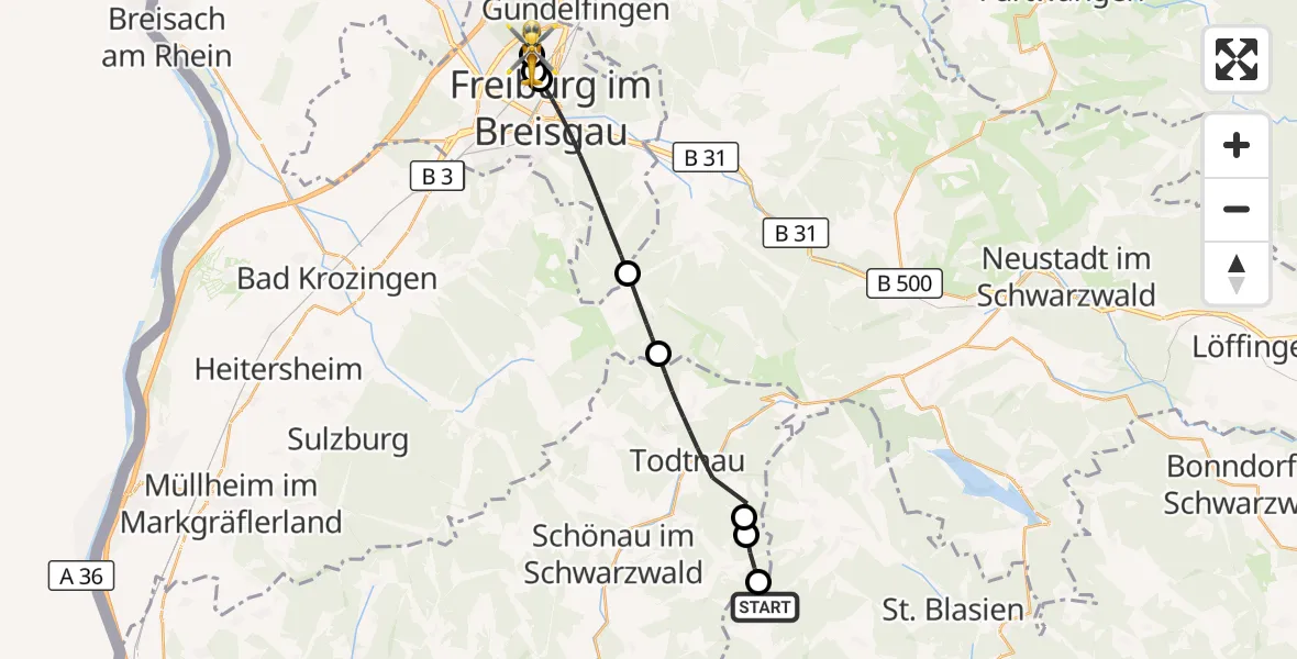 Flugroute Ambulanzhubschrauber Todtmoos - Freiburg im Breisgau Flugplatz, 15 Oktober 2026, 12:33