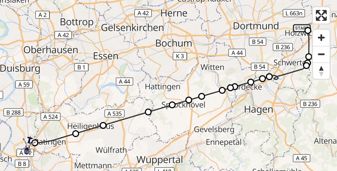 Flugroute Polizeihubschrauber Dortmund Flughafen - Düsseldorf Flughafen, 15 Oktober 2026, 12:42