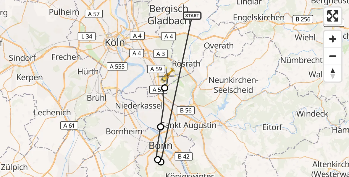 Flugroute Ambulanzhubschrauber Bergisch Gladbach - Köln Bonn Flughafen, 15 Oktober 2026, 12:43