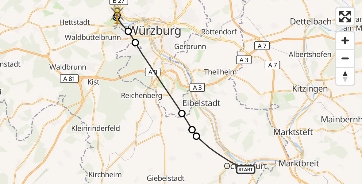 Flugroute Rettungshubschrauber Ochsenfurt - Würzburg, 15 Oktober 2026, 12:57
