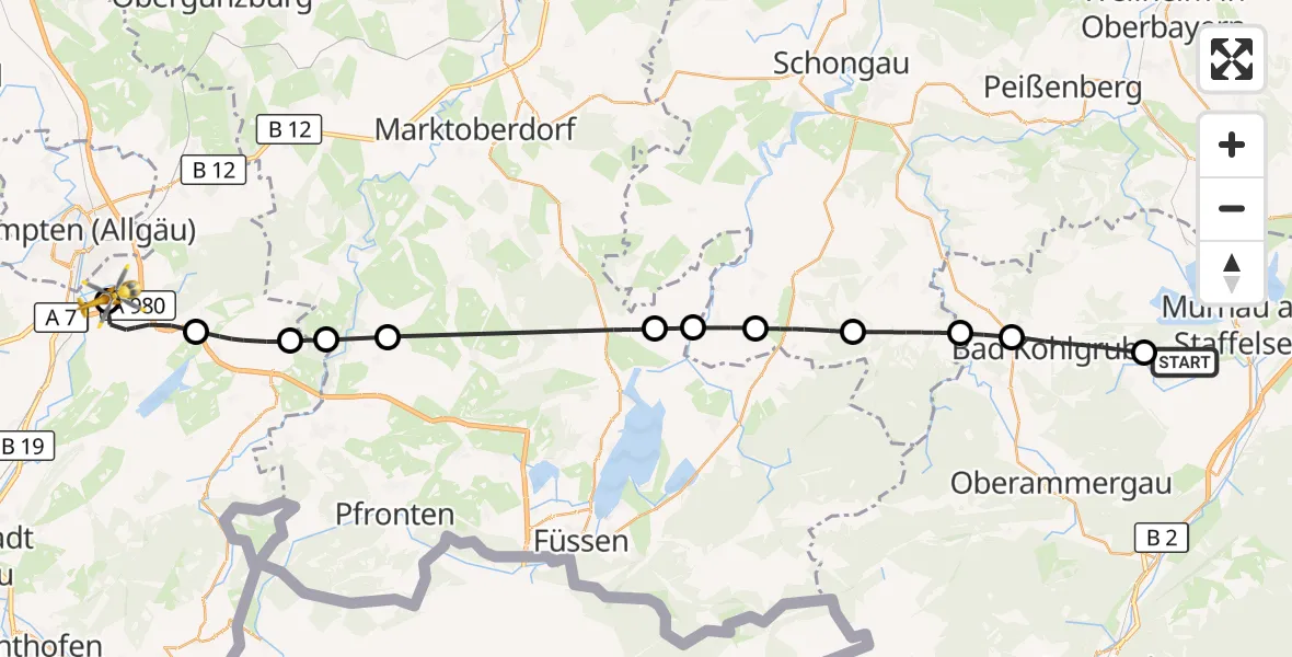 Flugroute Rettungshubschrauber Murnau a.Staffelsee - Kempten-Durach Flugplatz, 15 Oktober 2026, 12:58