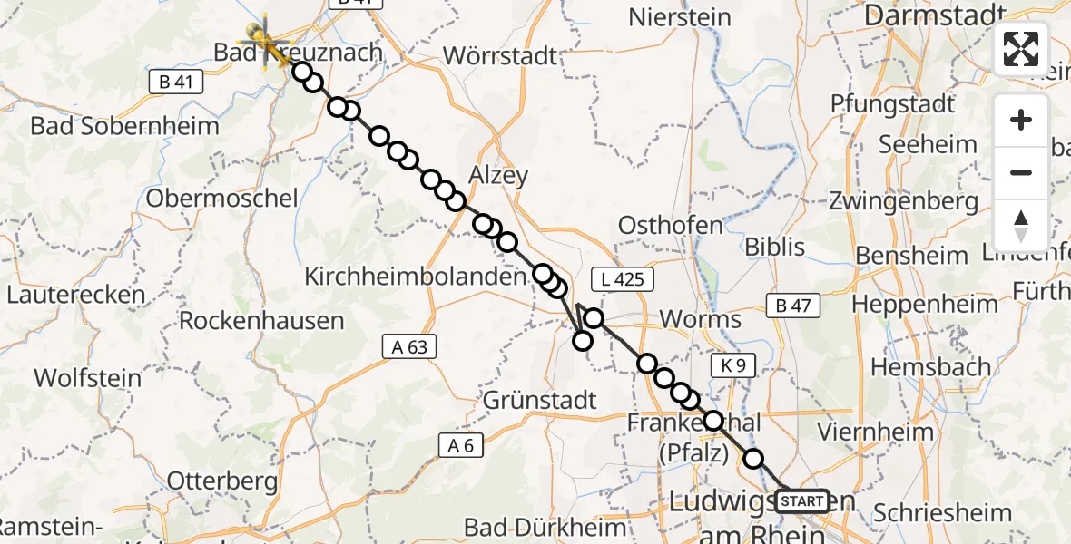 Flugroute Ambulanzhubschrauber Mannheim - Bad Kreuznach, 15 Oktober 2026, 13:03