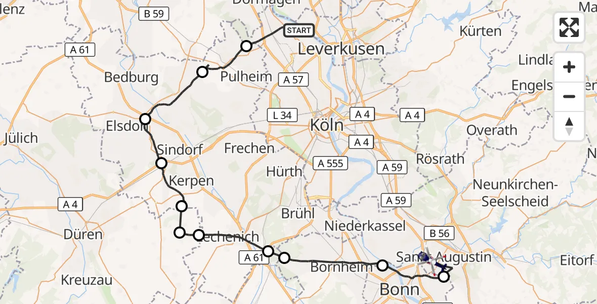 Flugroute Polizeihubschrauber Köln - Bonn-Hangelar Flugplatz, 15 Oktober 2026, 13:06
