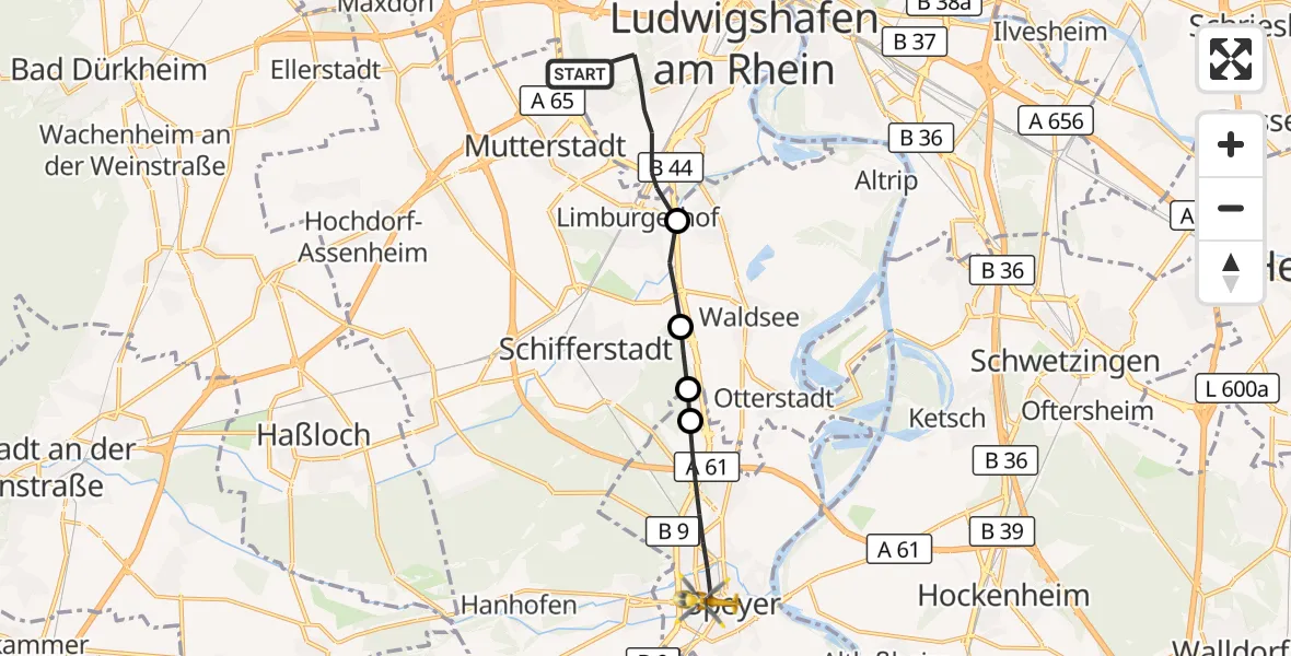 Flugroute Rettungshubschrauber Ludwigshafen am Rhein - Speyer, 15 Oktober 2026, 13:10