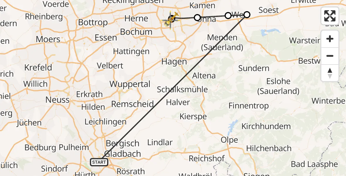 Flugroute Rettungshubschrauber Köln - Dortmund Hospital North, 15 Oktober 2026, 13:10