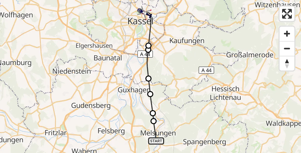 Flugroute Polizeihubschrauber Melsungen - Kassel, 15 Oktober 2026, 13:12