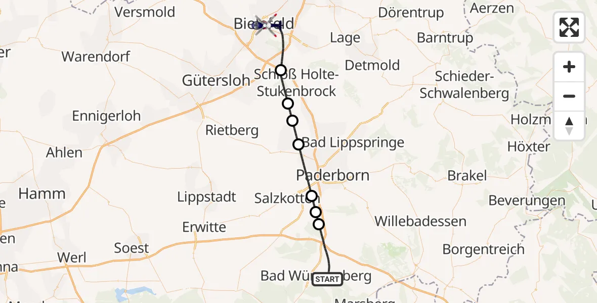 Flugroute Polizeihubschrauber Bad Wünnenberg - Bielefeld, 15 Oktober 2026, 13:15