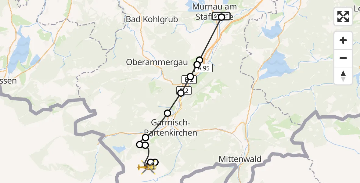 Flugroute Rettungshubschrauber Murnau Accident Hospital - Grainau, 15 Oktober 2026, 13:20