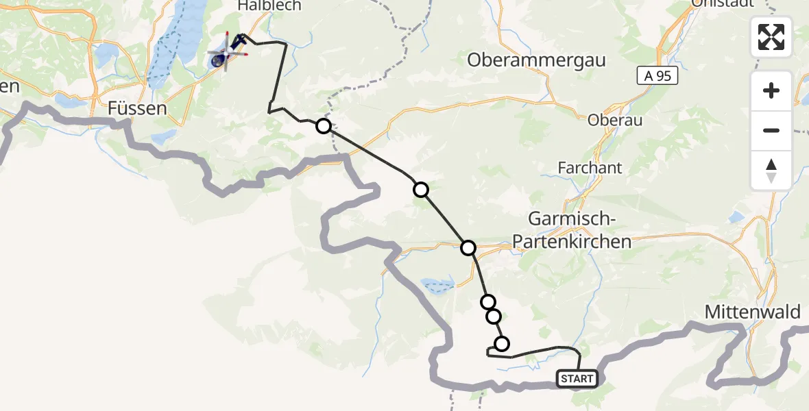 Flugroute Polizeihubschrauber Garmisch-Partenkirchen - Schwangau, 15 Oktober 2026, 13:25