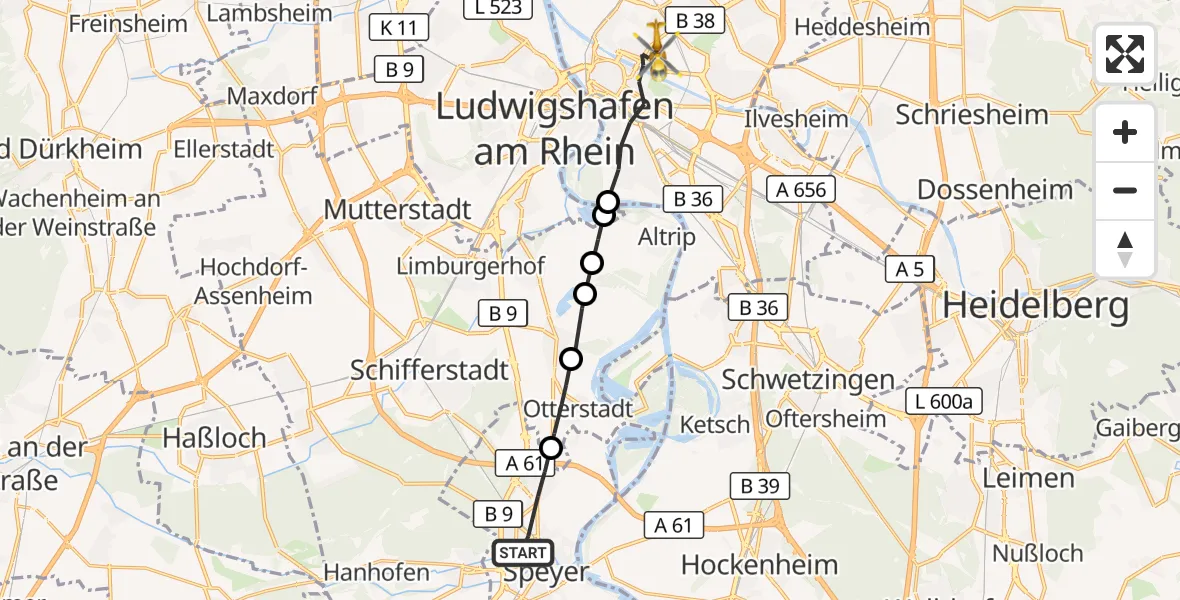 Flugroute Rettungshubschrauber Speyer - Mannheim, 15 Oktober 2026, 13:34