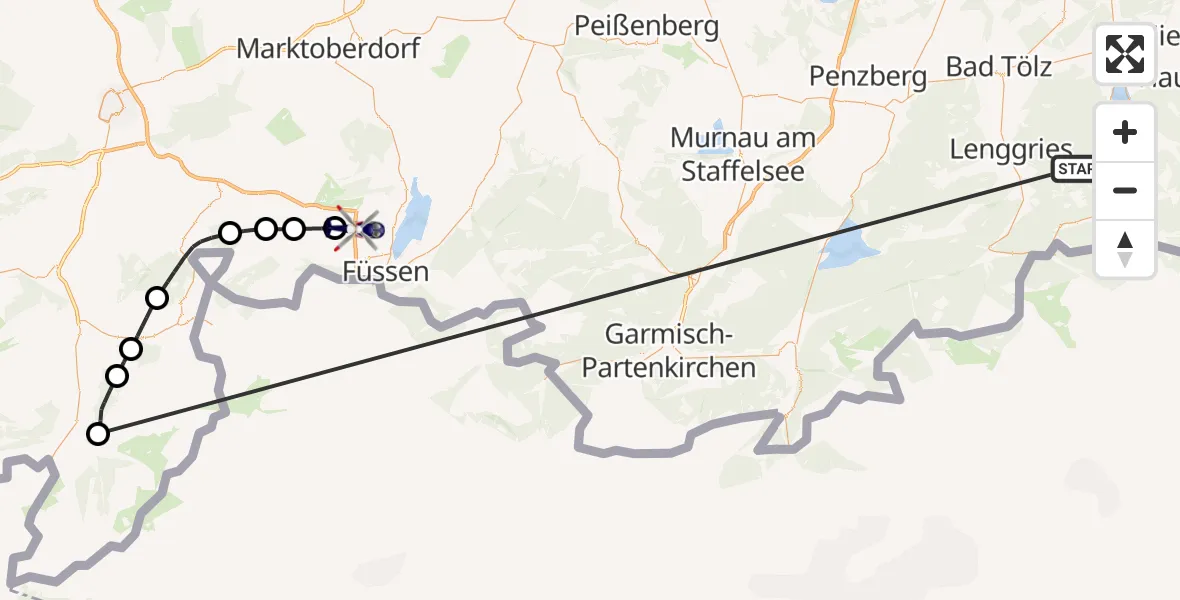 Flugroute Polizeihubschrauber Kreuth - Hopferau, 15 Oktober 2026, 13:35