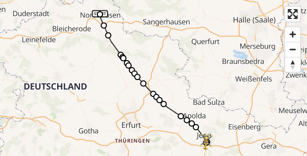 Flugroute Rettungshubschrauber Südharz Hospital Nordhausen - Lobeda Hubschrauberlandeplatz, 15 Oktober 2026, 13:37