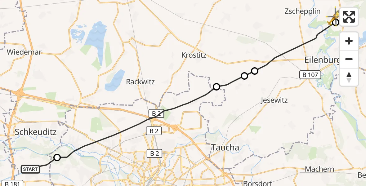 Flugroute Rettungshubschrauber Schkeuditz - Doberschütz, 15 Oktober 2026, 13:38