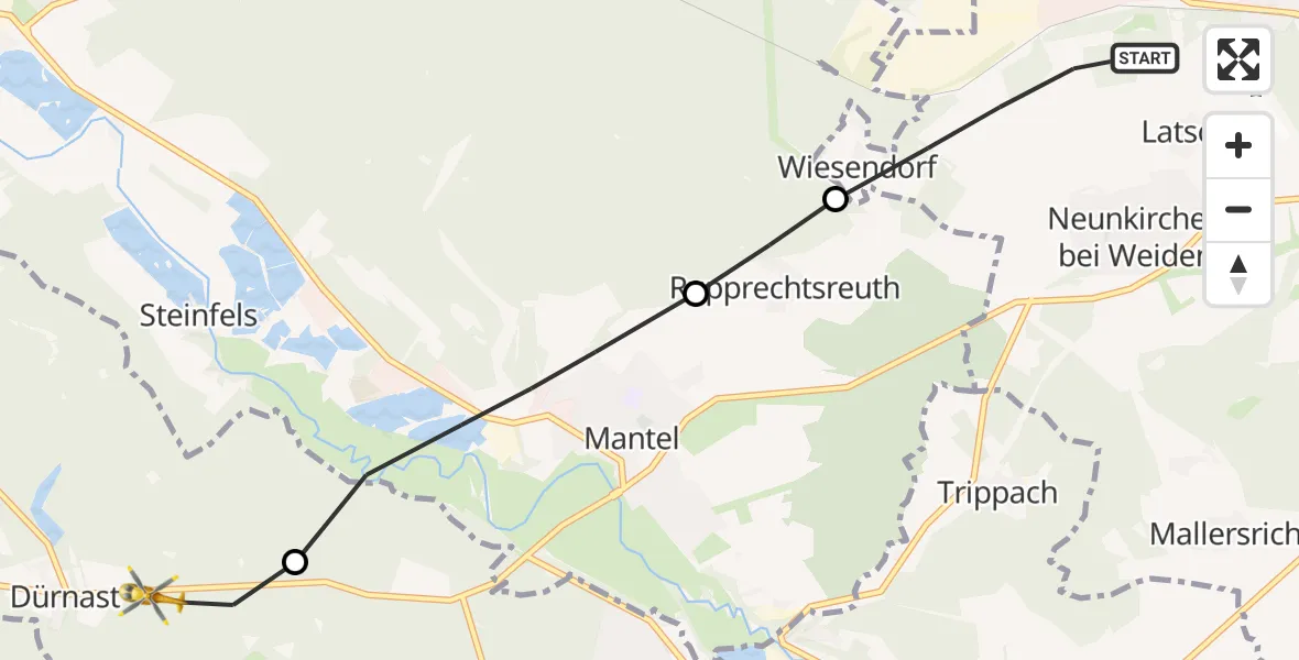 Flugroute Ambulanzhubschrauber Weiden i.d.OPf. - Weiherhammer, 15 Oktober 2026, 13:38