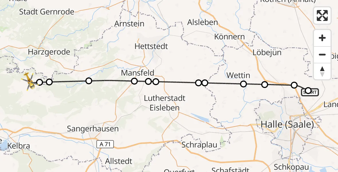 Flugroute Rettungshubschrauber Halle-Oppin Flugplatz - Südharz, 15 Oktober 2026, 13:41
