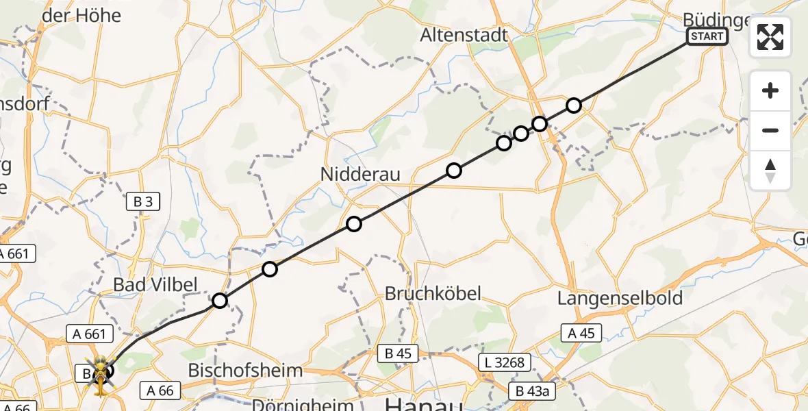 Flugroute Rettungshubschrauber Büdingen - Frankfurt am Main Accident Hospital Roof, 15 Oktober 2026, 13:45