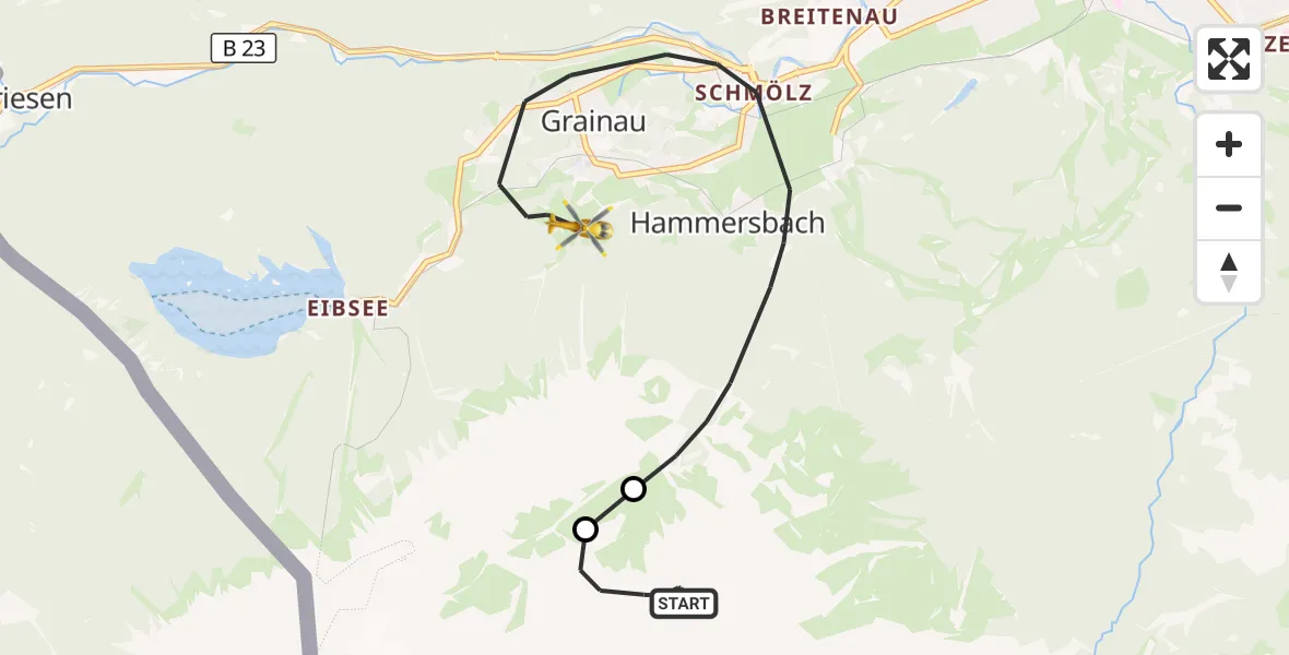 Flugroute Rettungshubschrauber Grainau - Brandweg Hubschrauberlandeplatz, 15 Oktober 2026, 13:46