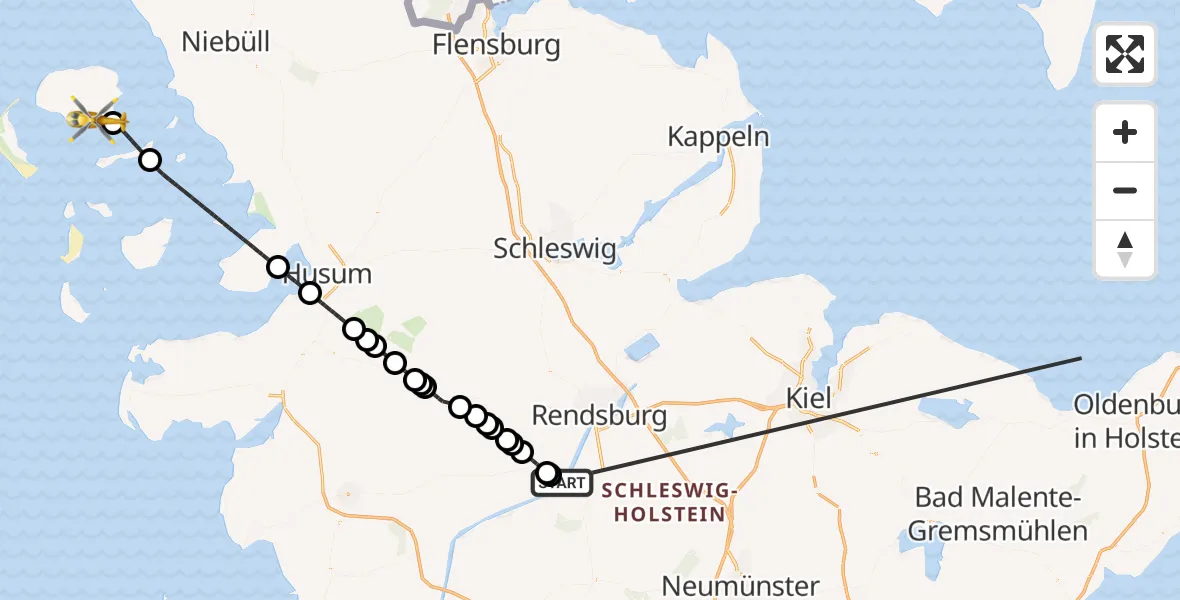 Flugroute Ambulanzhubschrauber Hörsten - Wyk auf Föhr, 15 Oktober 2026, 14:02