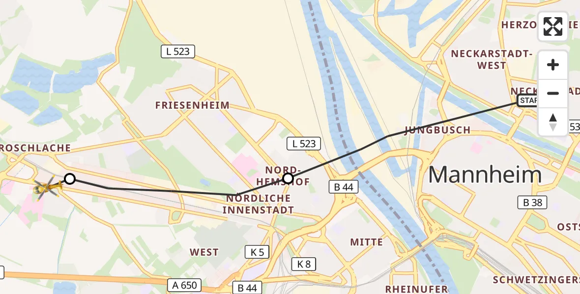 Flugroute Rettungshubschrauber Mannheim - Ludwigshafen Accident Hospital, 15 Oktober 2026, 14:09