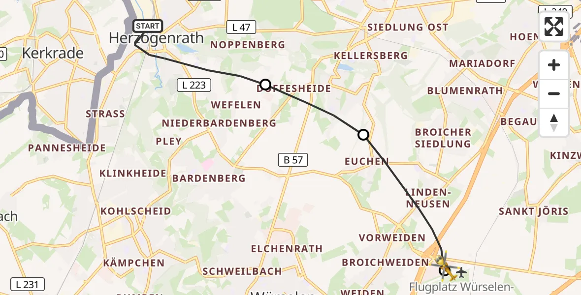 Flugroute Rettungshubschrauber Herzogenrath - Aachen-Merzbrück Flughafen, 15 Oktober 2026, 14:15