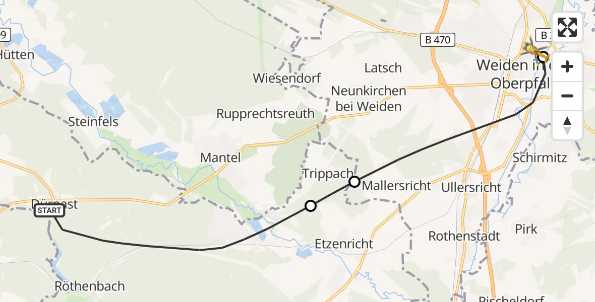 Flugroute Ambulanzhubschrauber Weiherhammer - Weiden Hospital, 15 Oktober 2026, 14:15