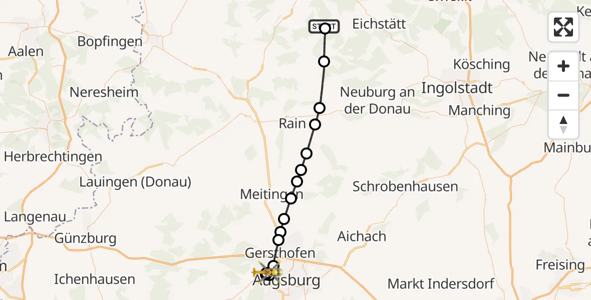Flugroute Rettungshubschrauber Solnhofen - Augsburg University Hospital, 15 Oktober 2026, 14:18