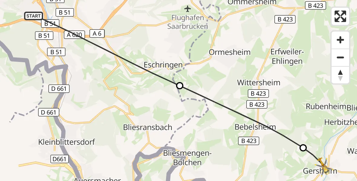 Flugroute Rettungshubschrauber Saarbrücken - Gersheim, 15 Oktober 2026, 14:25
