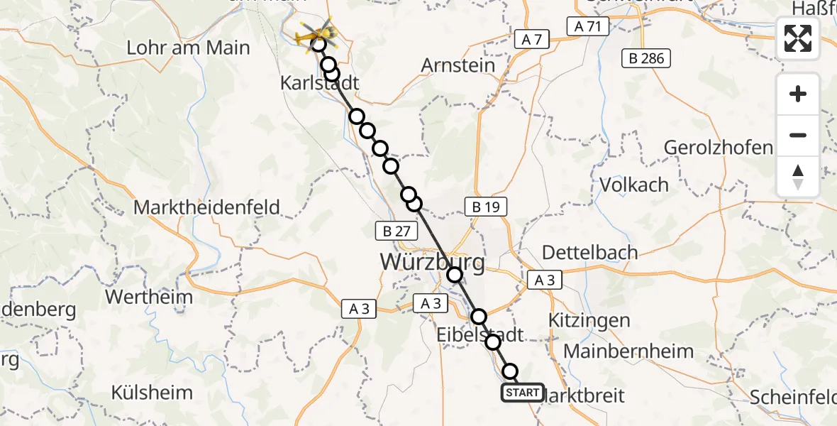 Flugroute Rettungshubschrauber Ochsenfurt - Karlstadt, 15 Oktober 2026, 14:26