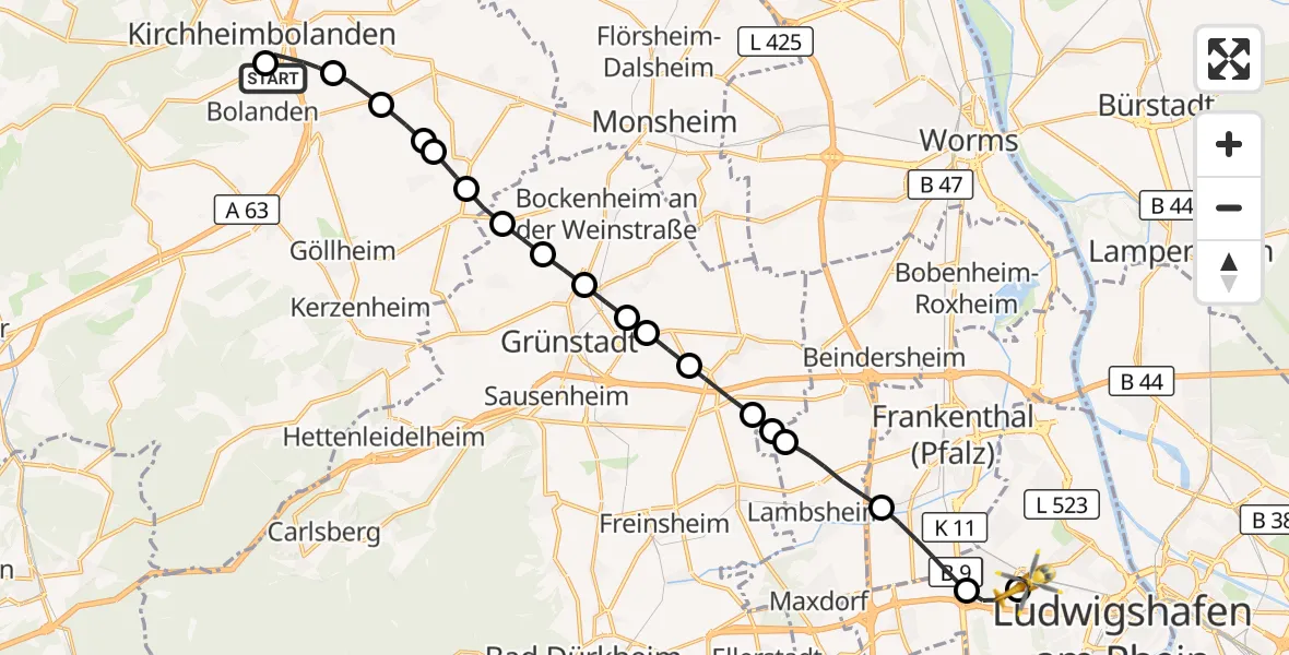 Flugroute Rettungshubschrauber Bolanden - Ludwigshafen Accident Hospital, 15 Oktober 2026, 14:29