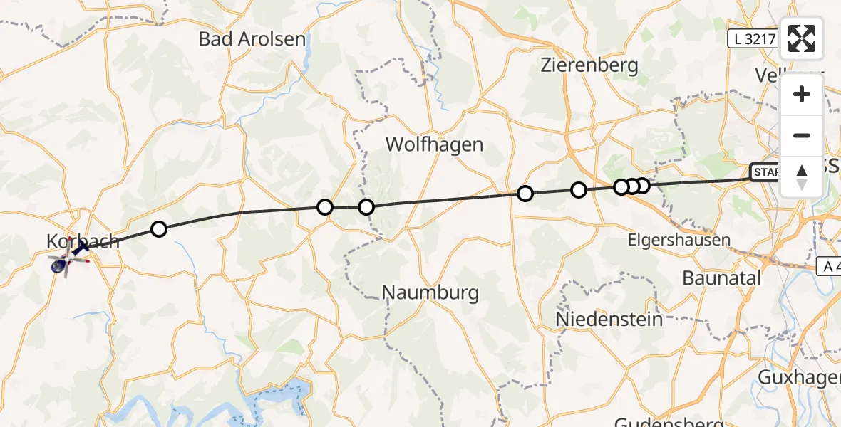 Flugroute Polizeihubschrauber Kassel - Korbach, 15 Oktober 2026, 14:38