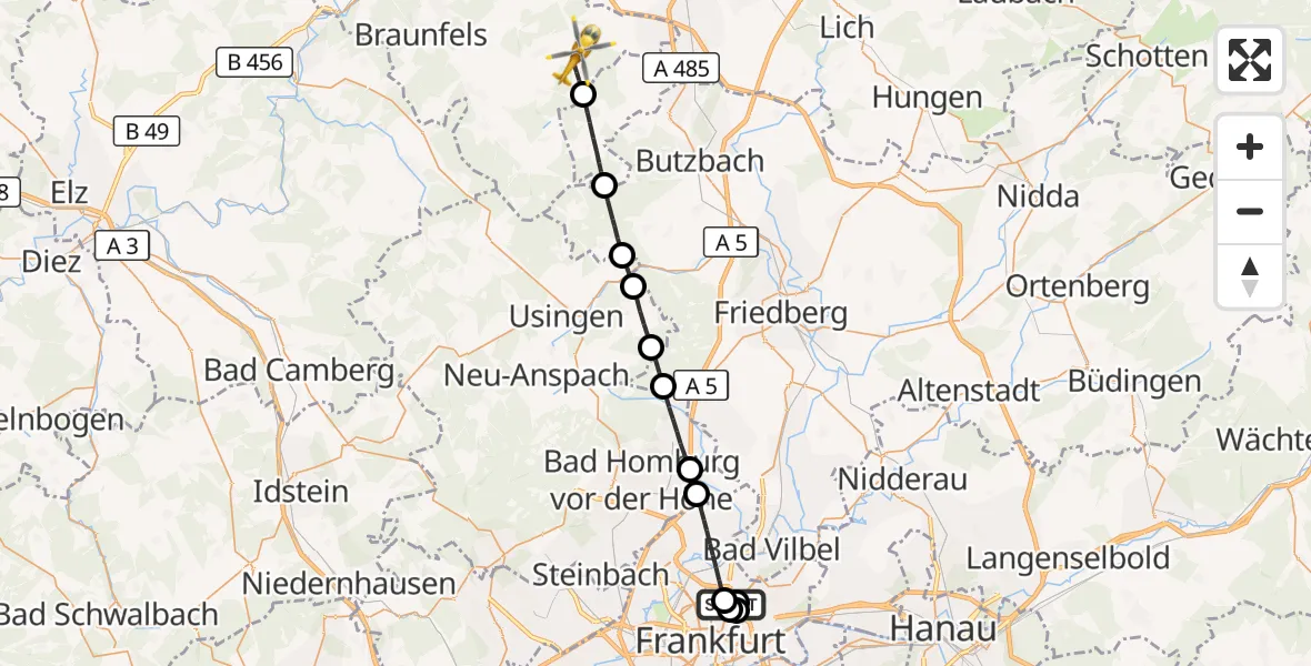 Flugroute Rettungshubschrauber Frankfurt am Main - Hüttenberg, 15 Oktober 2026, 14:39