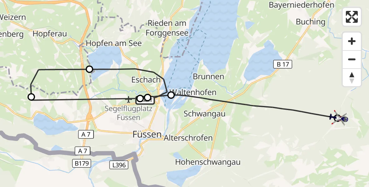Flugroute Polizeihubschrauber Füssen - Halblech, 15 Oktober 2026, 14:45