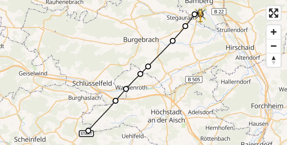 Flugroute Ambulanzhubschrauber Münchsteinach - Bamberg Hospital, 15 Oktober 2026, 14:50